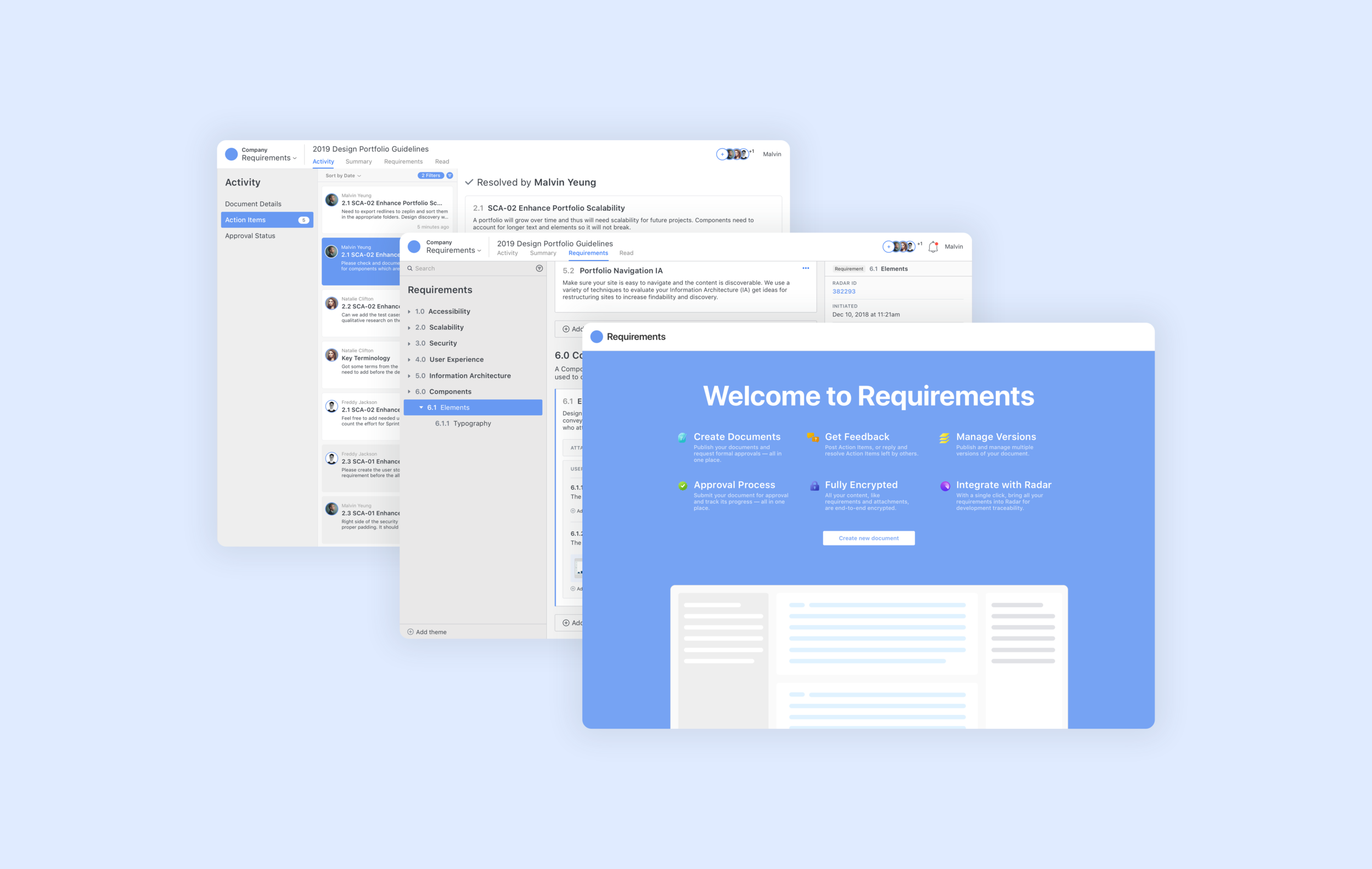 Apple Product Requirements App — activity, requirements editor, and welcome screens