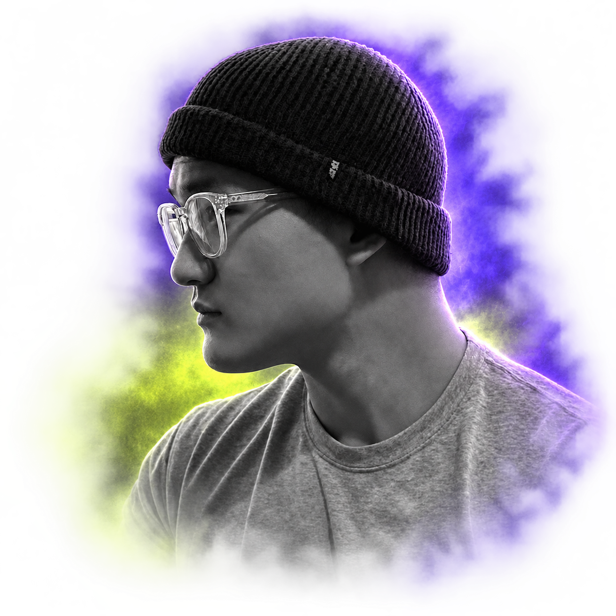 Portrait of Malvin with a soft violet aura