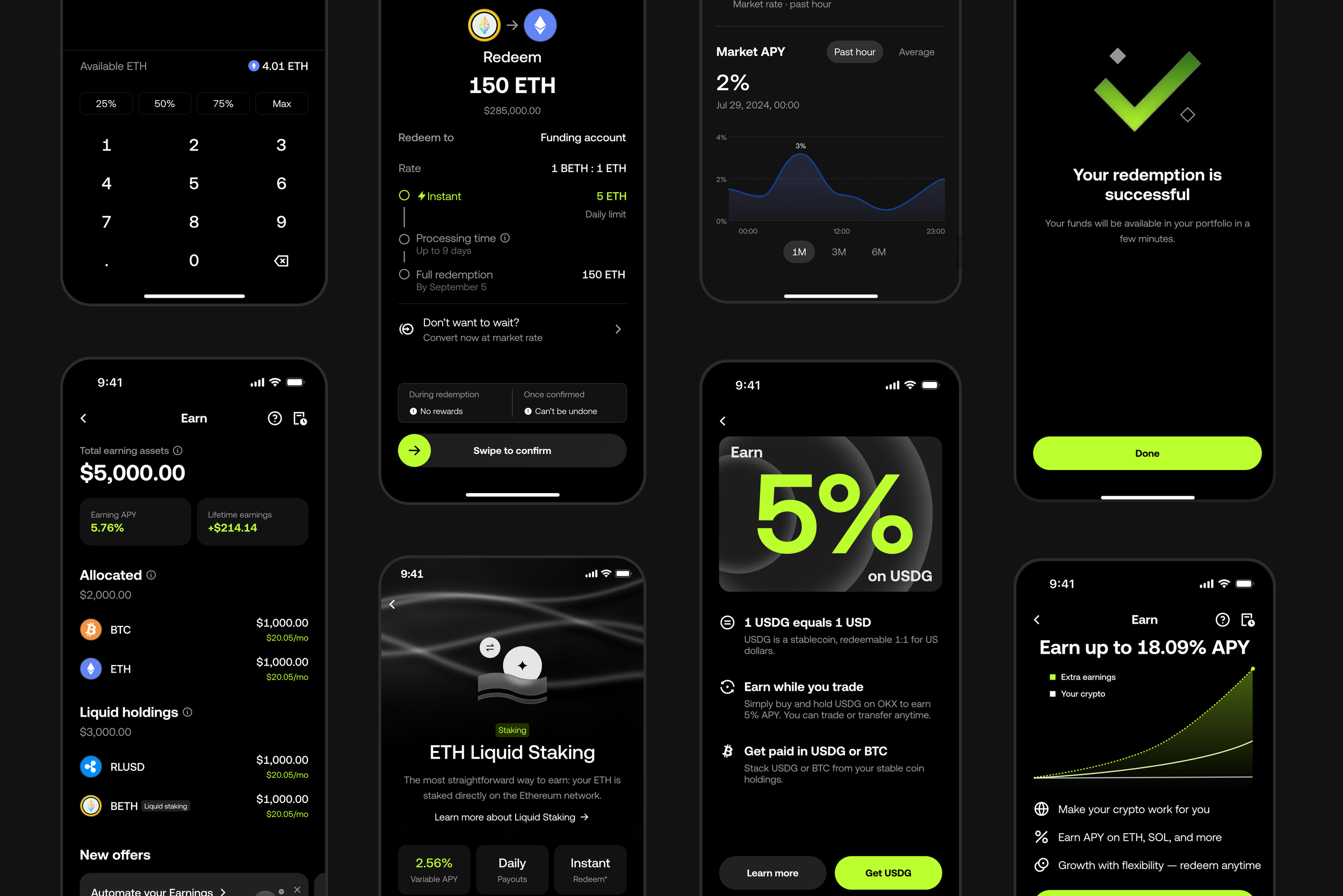 OKX Earn — portfolio, liquid staking, redemption, and USDG yield screens